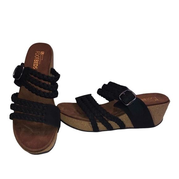White Mountain Women's Healing Leather Footbed Sandal Size 9 Black Slip On Wedge - Picture 1 of 10